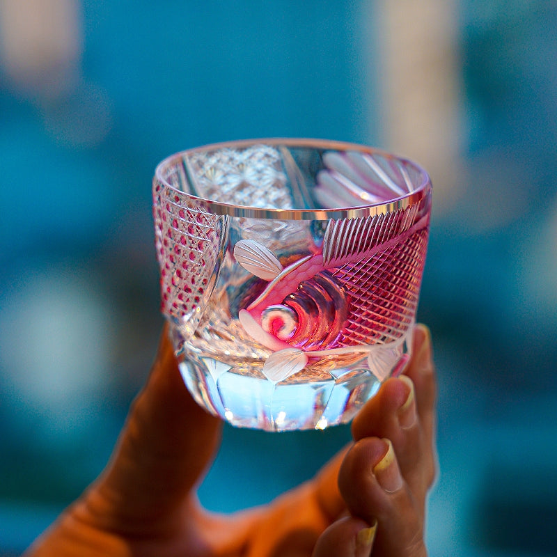 Edo Kiriko Handcrafted Rose Koi Glass: The Crimson Current of Perseverance