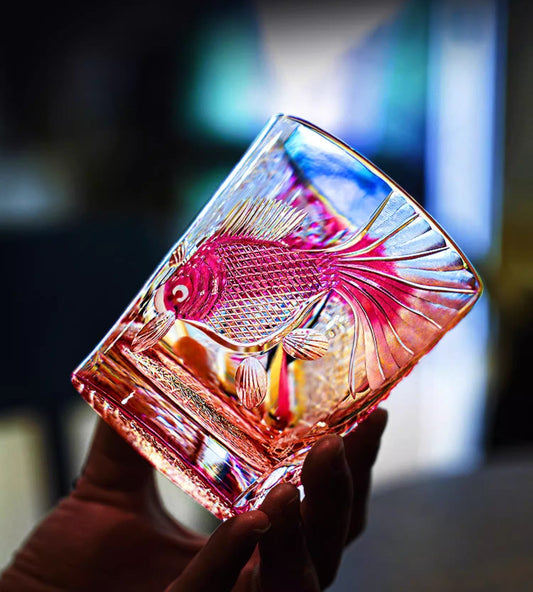 Hand-carved Red Goldfish Edo Kiriko Whiskey Glass