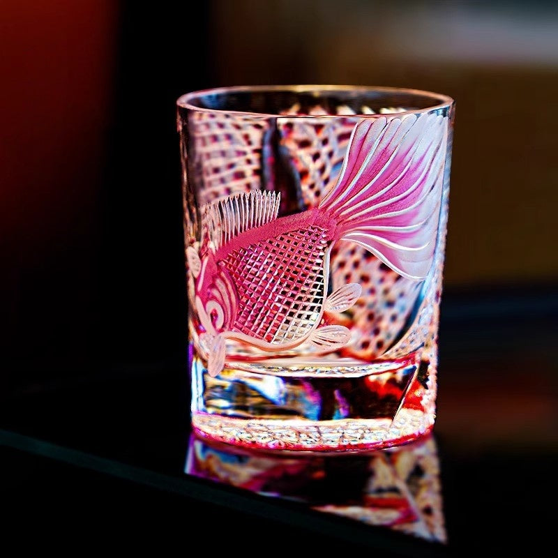 Hand-carved Red Goldfish Edo Kiriko Whiskey Glass