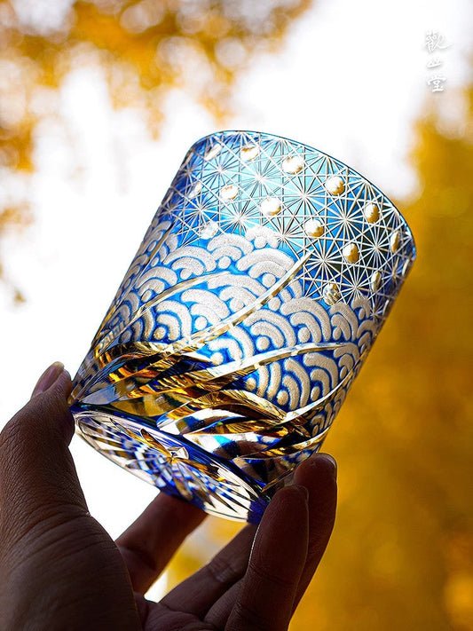 GOGLASSCUP Edo Kiriko Waves and Starry Sky Whiskey Glass GoGlassCup