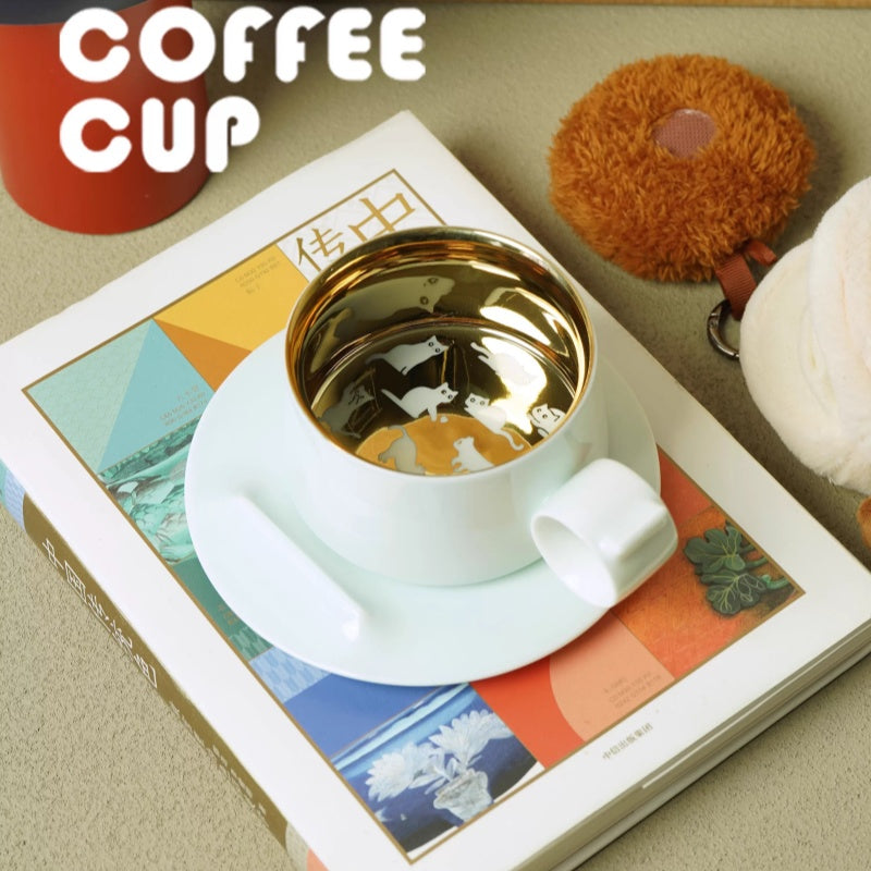 Retro Ceramic Titanium Coffee Mug with Cat Illustration - Deluxe Gift Box
