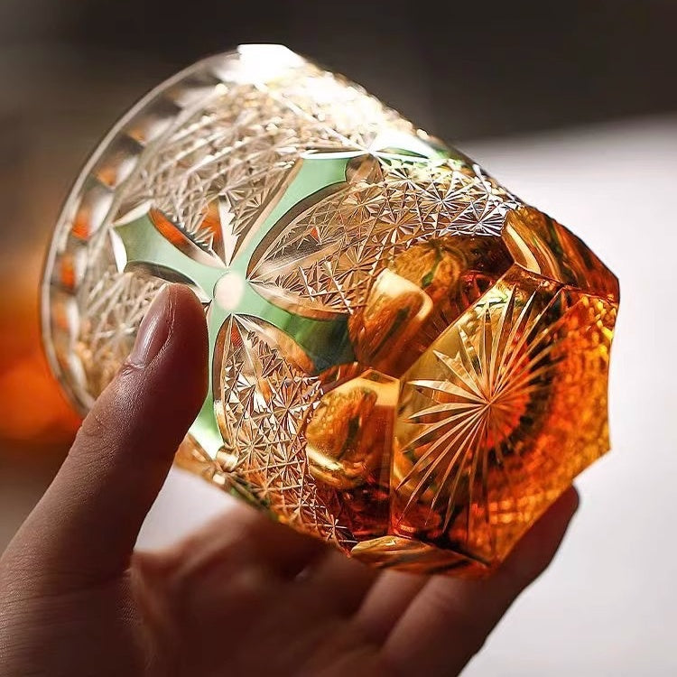 Edo Kiriko Handcrafted Amber Cross Heart Whiskey Glass - Japanese GoGlassCup