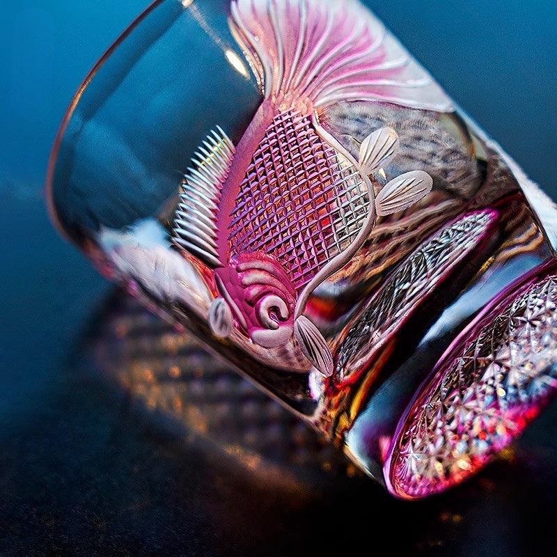 Hand-carved Red Goldfish Edo Kiriko Whiskey Glass