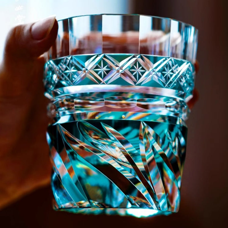 Edo Kiriko Handcrafted Aozora Kaze Whiskey Glass with Wooden Box