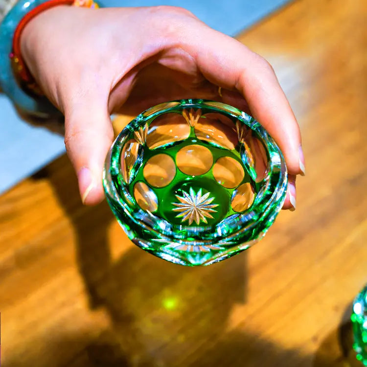 KAGAMI Edo Kiriko Wine Glass Jade Green Hydrangea - Goglasscup