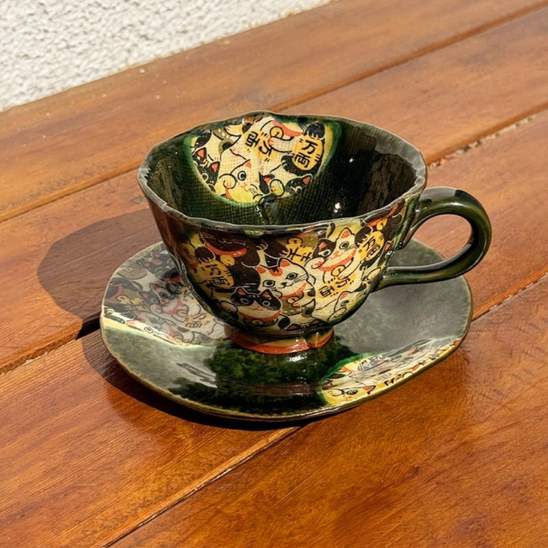 Hatsuichi Mino Ware Handcrafted Cartoon Cat Ceramic Coffee Cup/Saucer Set