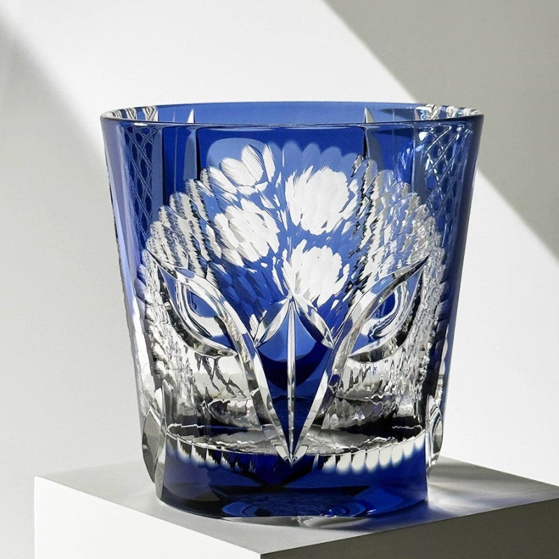 Japanese Handmade Edo Kiriko Whiskey Glass-Blue Owl