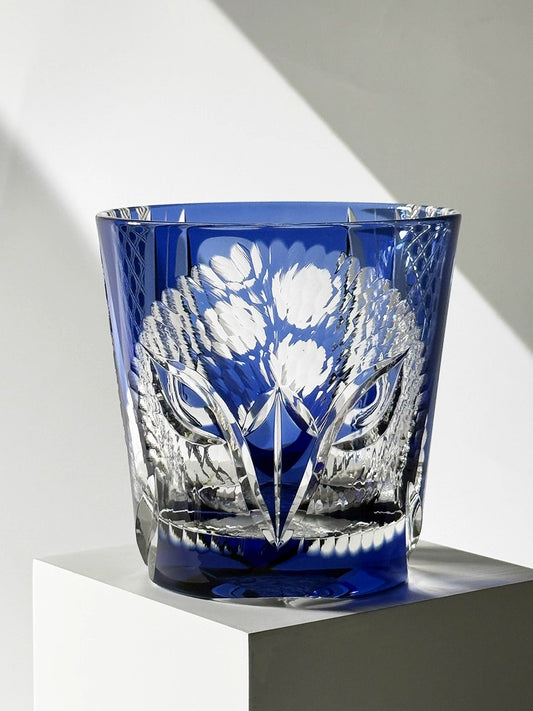 Japanese Handmade Edo Kiriko Whiskey Glass-Blue Owl