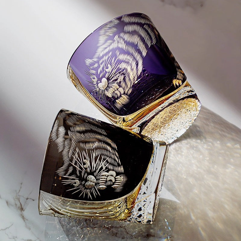 Edo Kiriko Handcrafted Kuro Tora Whisky Glass With Wooden Box