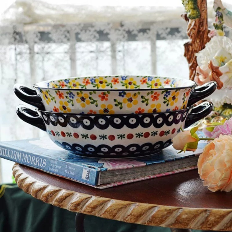 Polish Style Double-Handle Ceramic Serving Bowl
