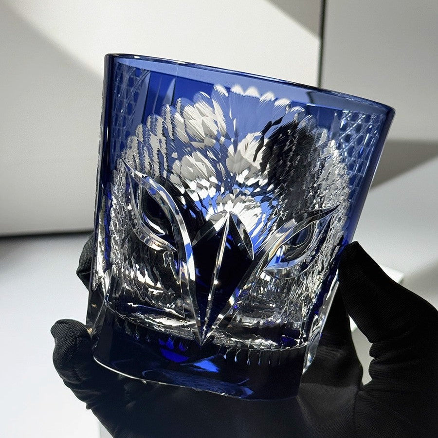 Japanese Handmade Edo Kiriko Whiskey Glass-Blue Owl