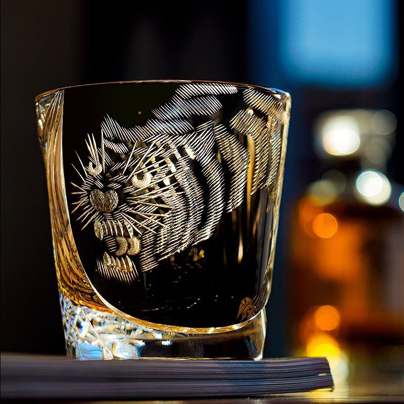 Edo Kiriko Handcrafted Kuro Tora Whisky Glass With Wooden Box