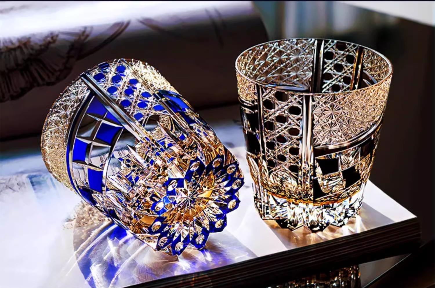 Edo Kiriko Hand-carved Sapphire Motif Whiskey Glass