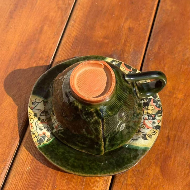 Hatsuichi Mino Ware Handcrafted Cartoon Cat Ceramic Coffee Cup/Saucer Set
