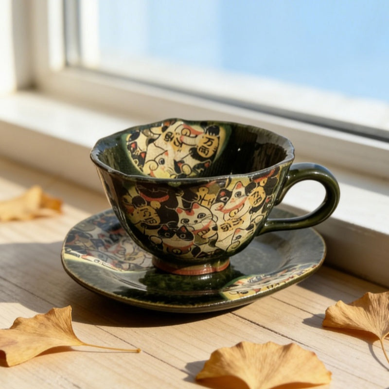 Hatsuichi Mino Ware Handcrafted Cartoon Cat Ceramic Coffee Cup/Saucer Set