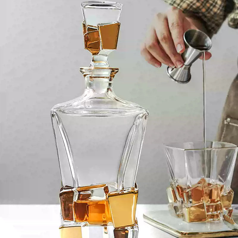 BOHEMIA Hand-Painted Gold Crackle Glass Whisky Glass & Decanter Set