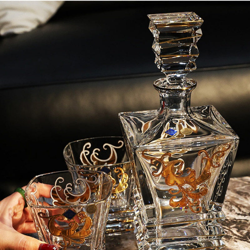 Bohemia Gold Enamel Whisky Glasses Decanter Gift Set