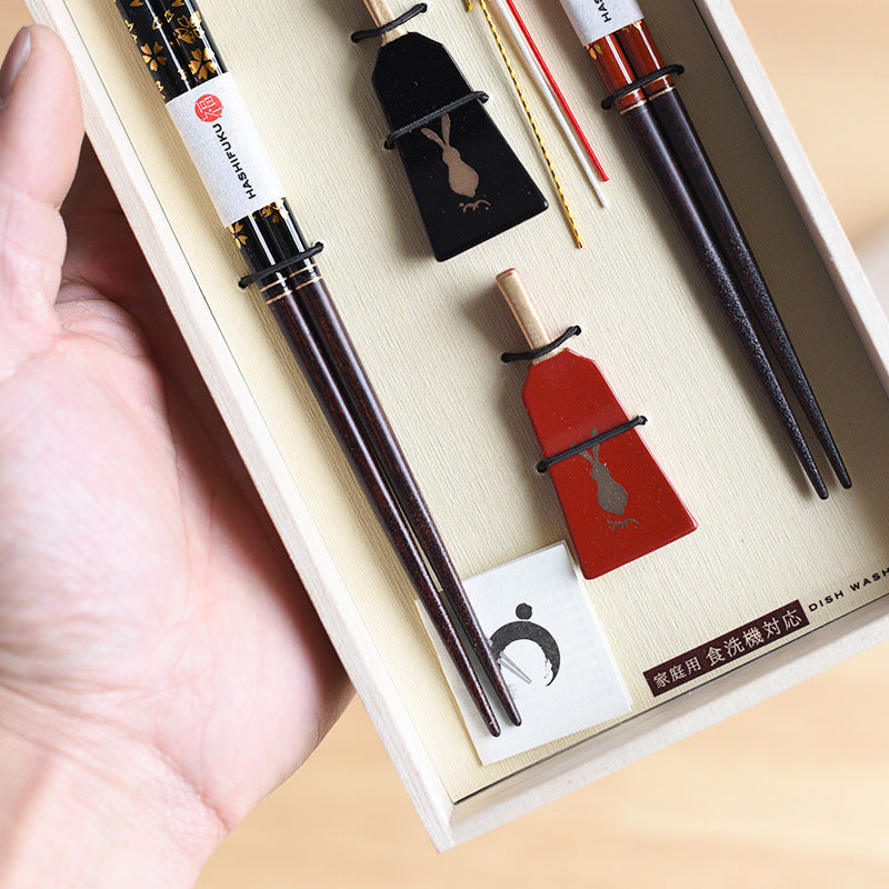 Japanese Handcrafted Golden Sakura Wooden Chopsticks Wedding Gift Set