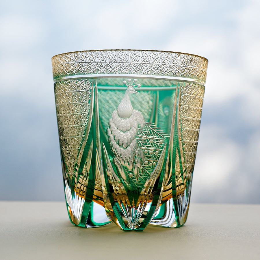 Edo Kiriko Handcrafted Emerald Peacock Whiskey Glass Goglasscup