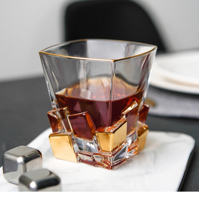 BOHEMIA Hand-Painted Gold Crackle Glass Whisky Glass & Decanter Set