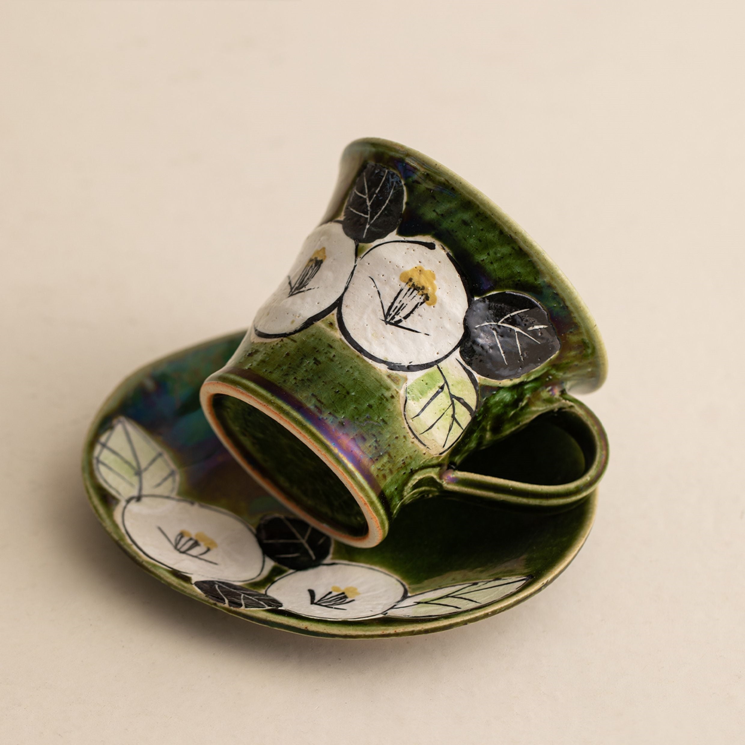 Hatsuichi Mino Ware Handcrafted Oribe Camellia Ceramic Coffee Cup/Saucer Set