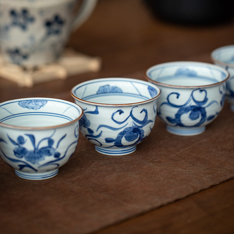 Hasami Ware Handcrafted Aizome Kusa-Hana Tea Cup Set of Five