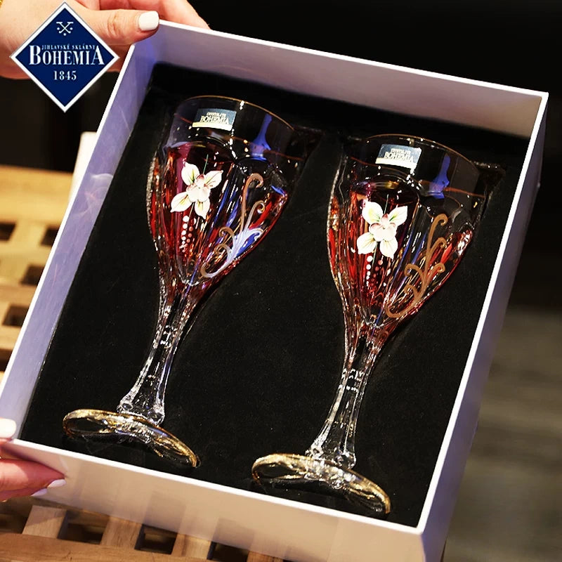 Bohemia Red Enamel Wine Glasses Decanter Gift Set