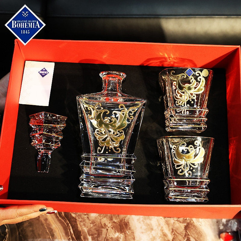 Bohemia Gold Enamel Whisky Glasses Decanter Gift Set