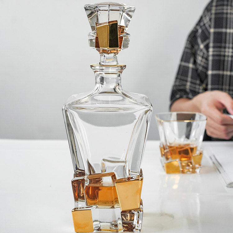 BOHEMIA Hand-Painted Gold Crackle Glass Whisky Glass & Decanter Set