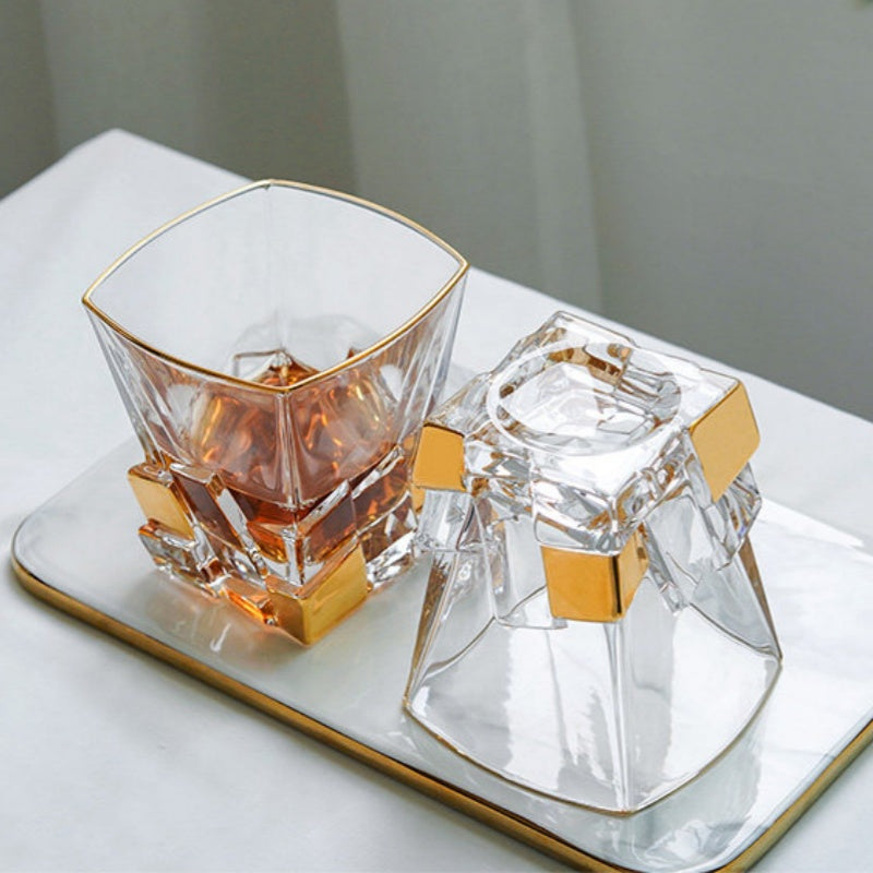 BOHEMIA Hand-Painted Gold Crackle Glass Whisky Glass & Decanter Set