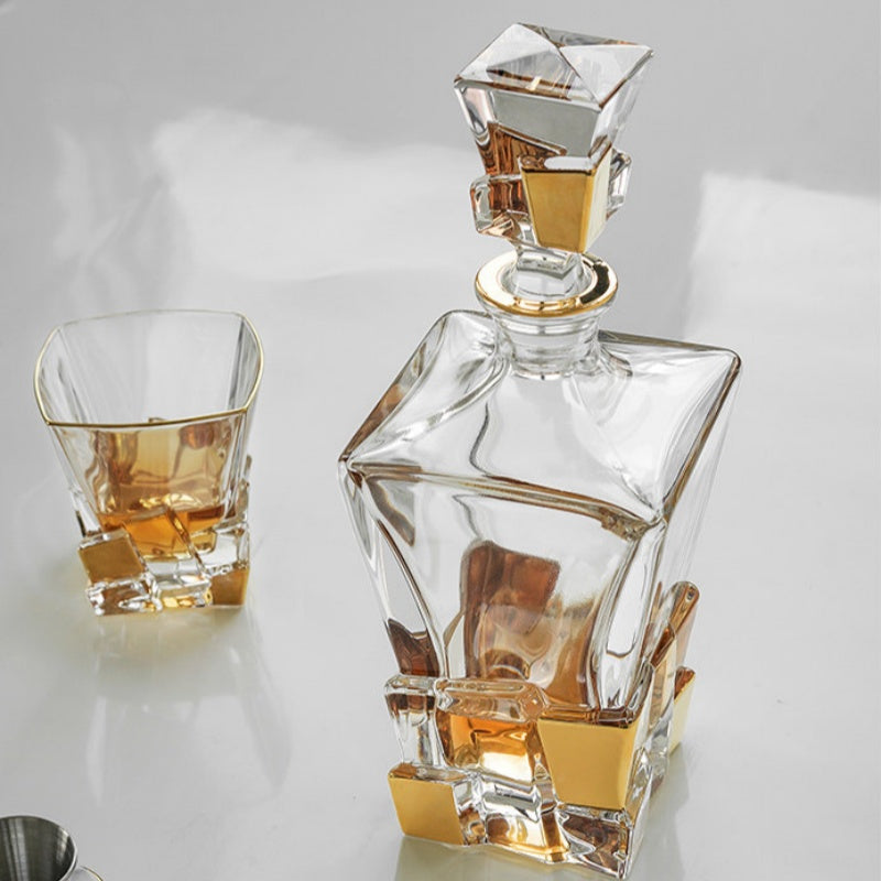 BOHEMIA Hand-Painted Gold Crackle Glass Whisky Glass & Decanter Set