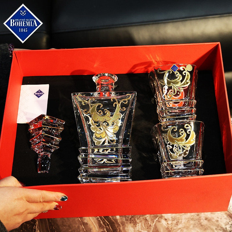 Bohemia Gold Enamel Whisky Glasses Decanter Gift Set