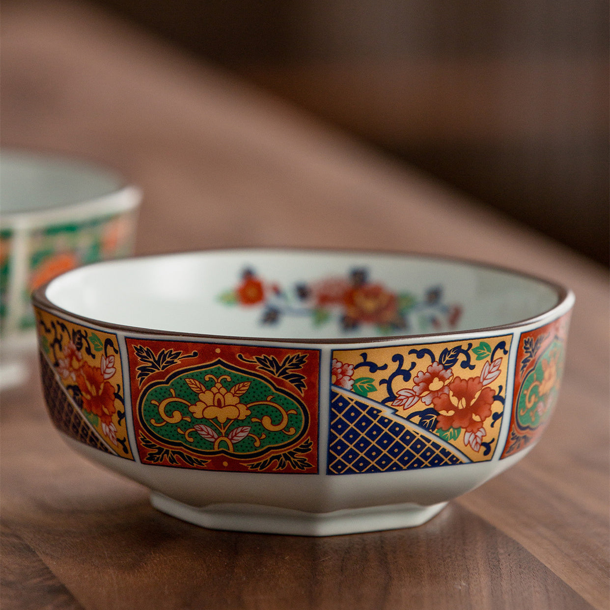 Japanese Mino Ware Court Dyed Brocade Octagonal Bowls Set