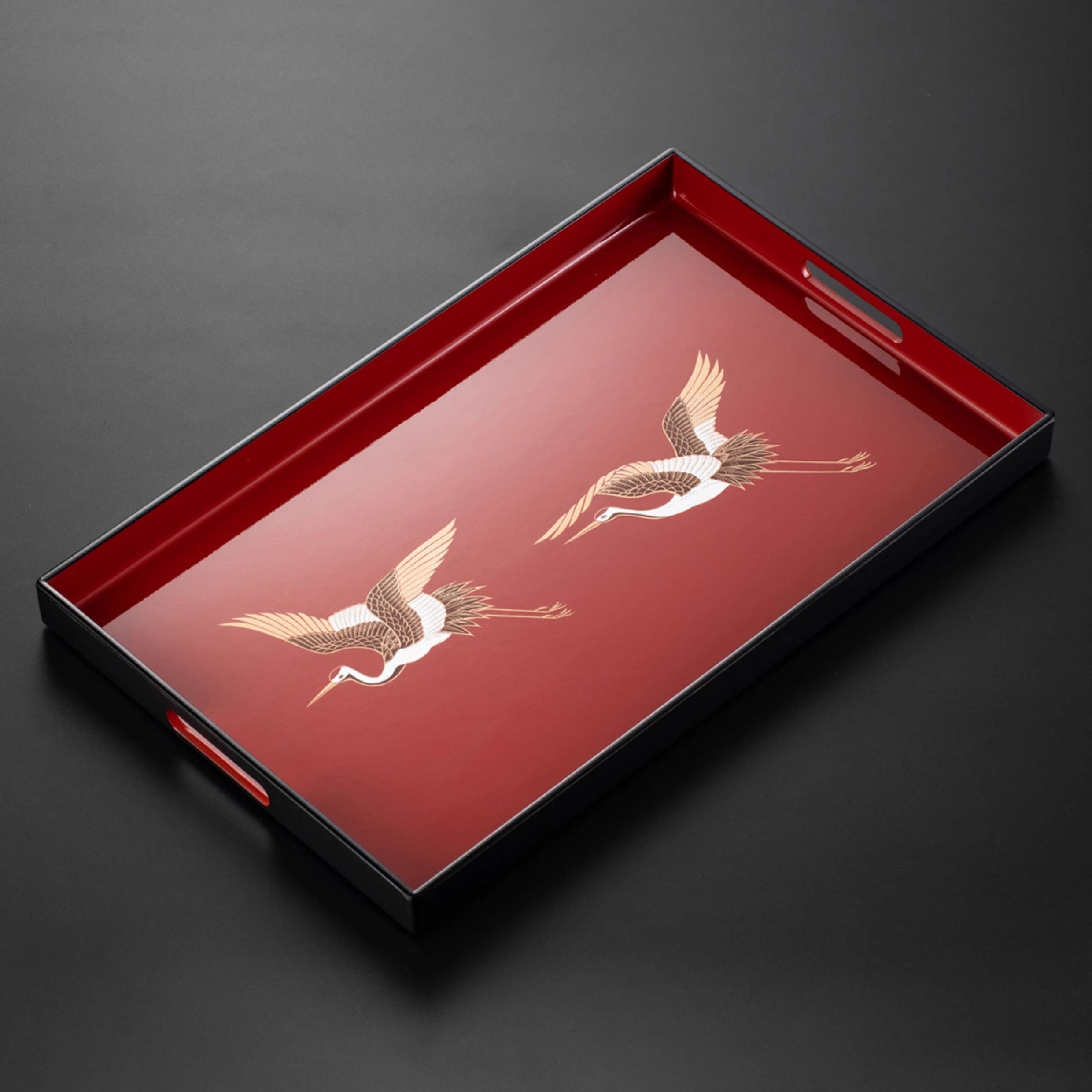 Yamanaka Shikki Handcrafted Gold Foil Crimson Crane Lacquer Tray