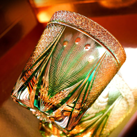 Edo Kiriko Handcrafted Emerald Peacock Whiskey Glass Goglasscup