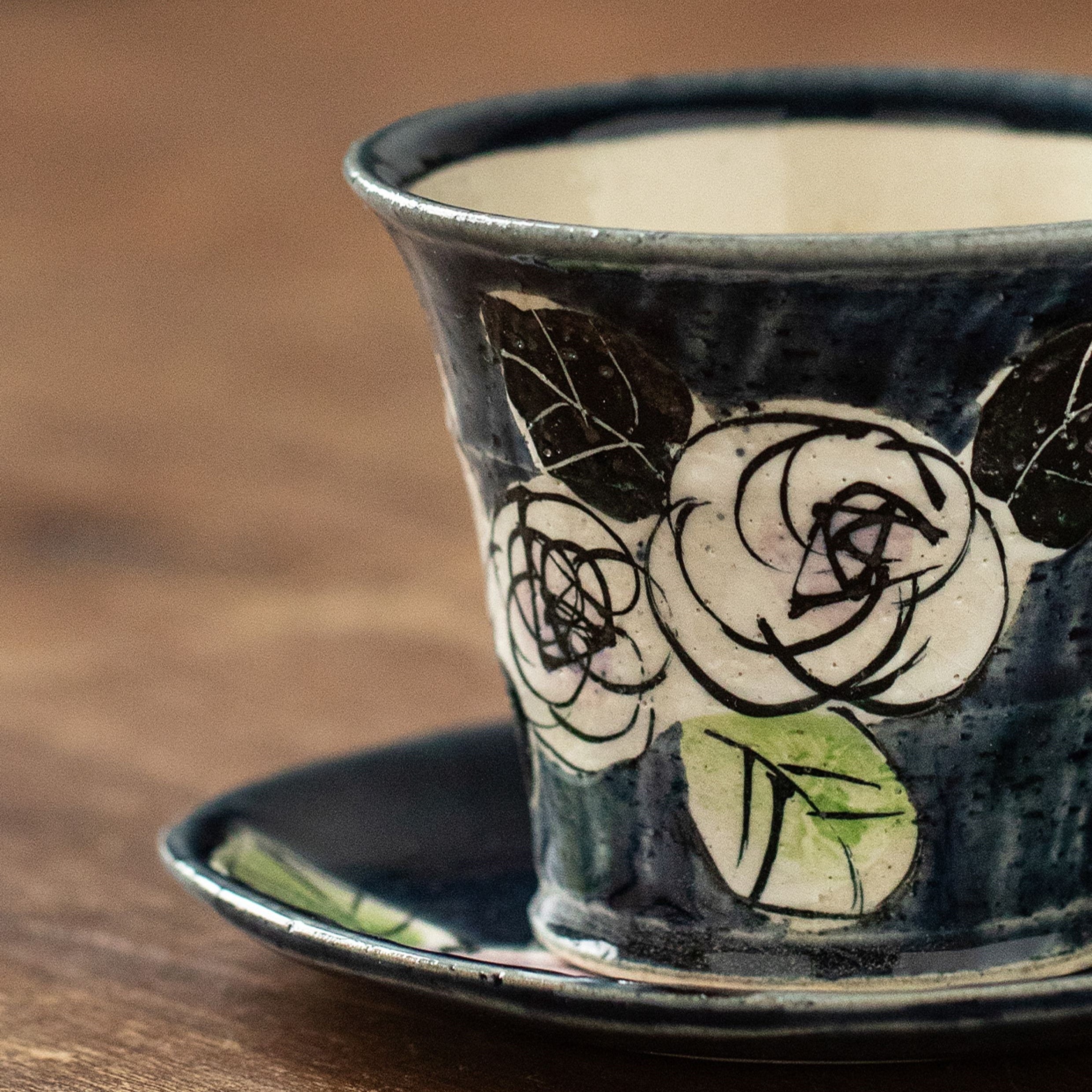 Hatsuichi Mino Ware Handcrafted Oribe Camellia Ceramic Coffee Cup/Saucer Set