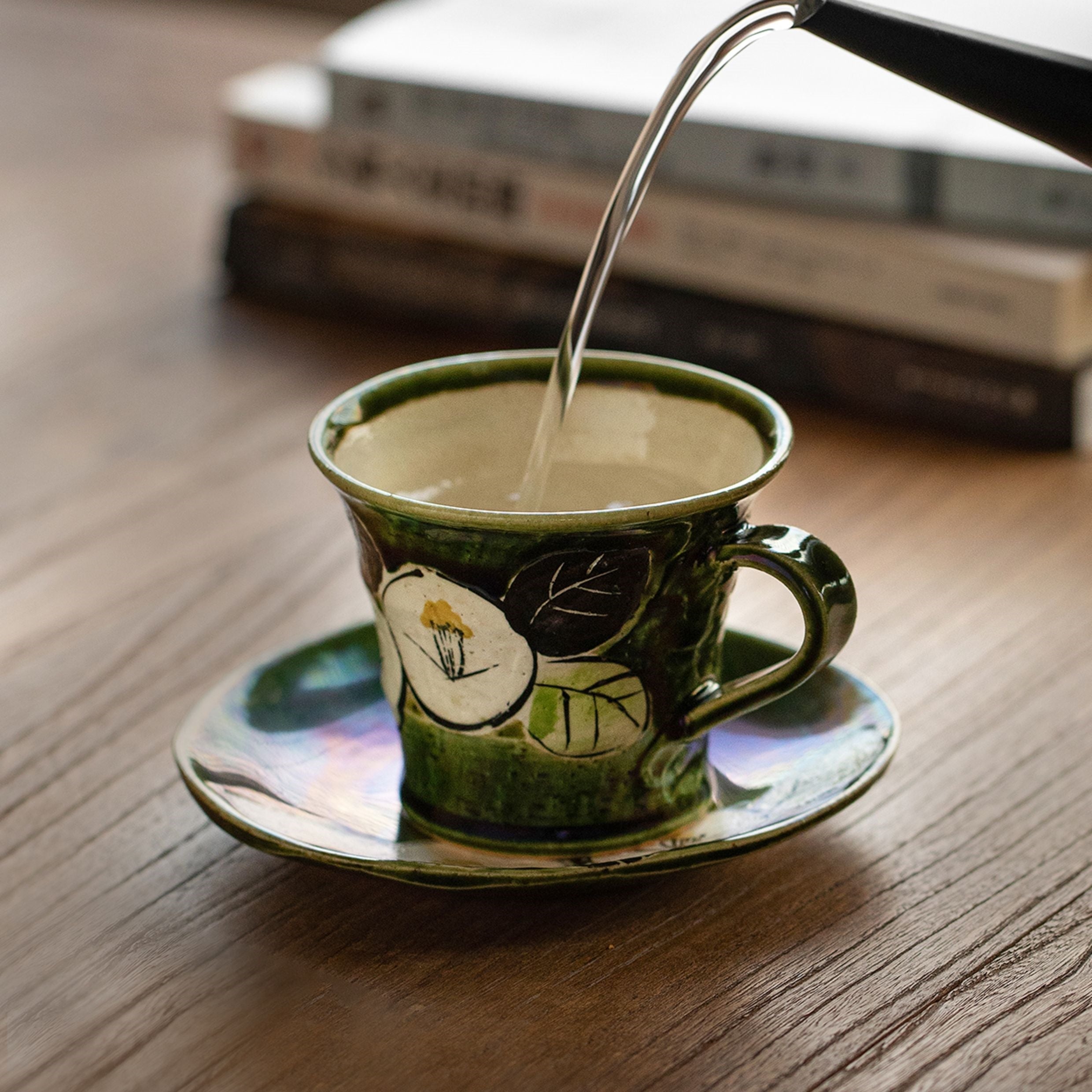 Hatsuichi Mino Ware Handcrafted Oribe Camellia Ceramic Coffee Cup/Saucer Set