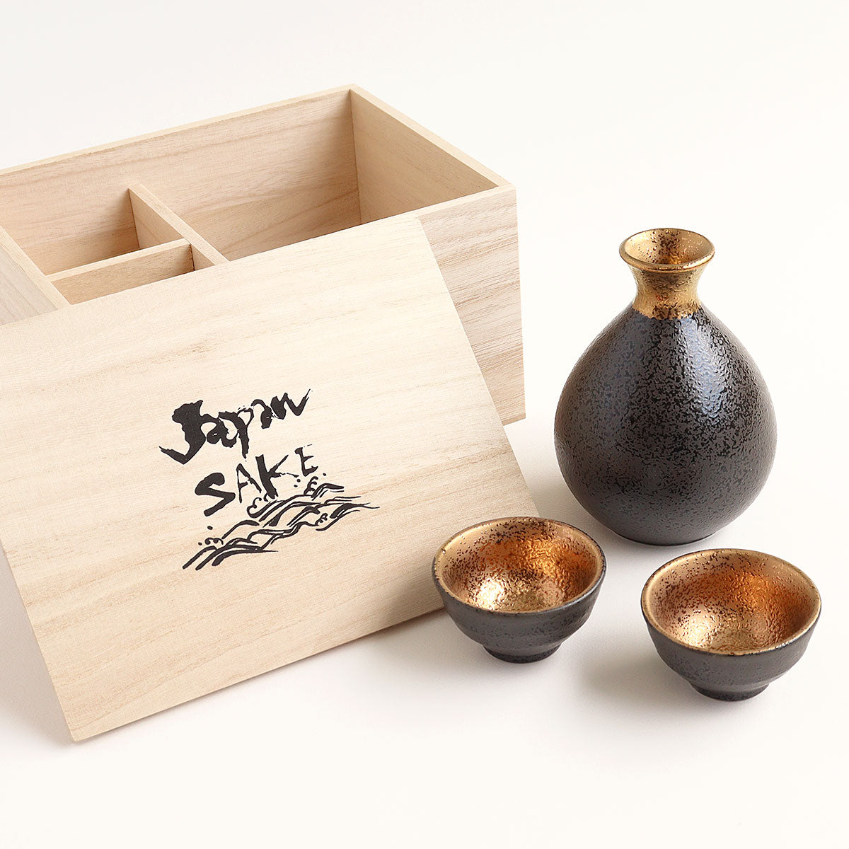 Jinpo Handcrafted Kinsai Gold Ochoko Sake Set with Wooden Box