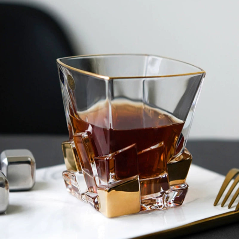 BOHEMIA Hand-Painted Gold Crackle Glass Whisky Glass & Decanter Set