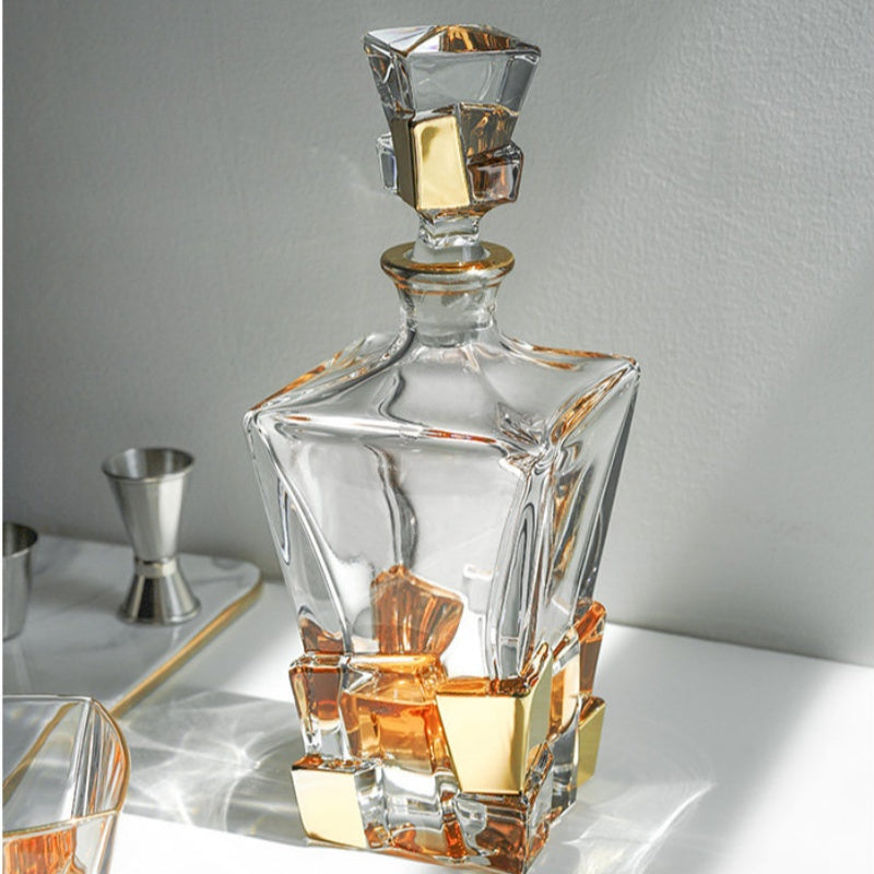 BOHEMIA Hand-Painted Gold Crackle Glass Whisky Glass & Decanter Set