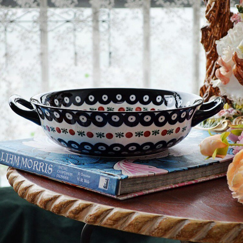 Polish Style Double-Handle Ceramic Serving Bowl