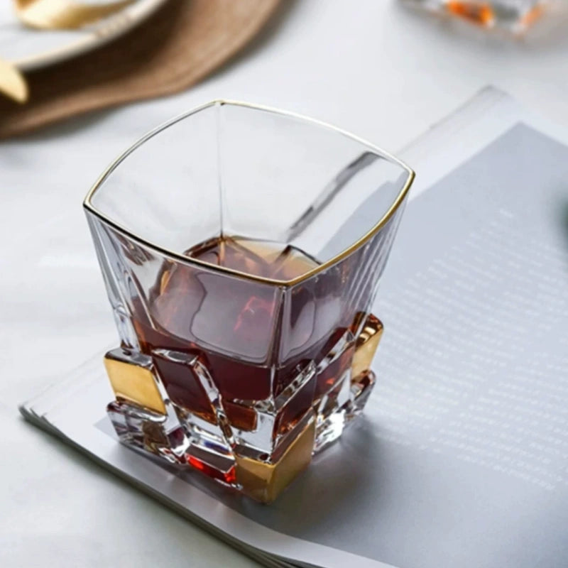 BOHEMIA Hand-Painted Gold Crackle Glass Whisky Glass & Decanter Set