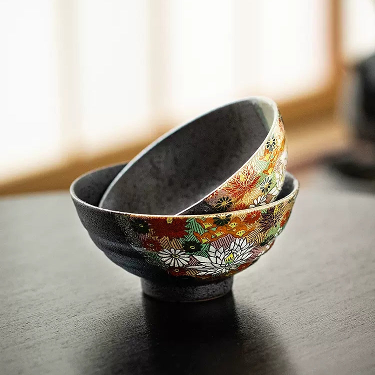 Kutaniyaki Golden Floral Sea Couple Bowl Set