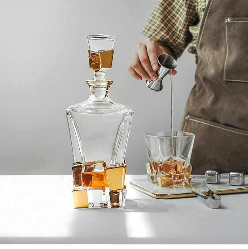 BOHEMIA Hand-Painted Gold Crackle Glass Whisky Glass & Decanter Set