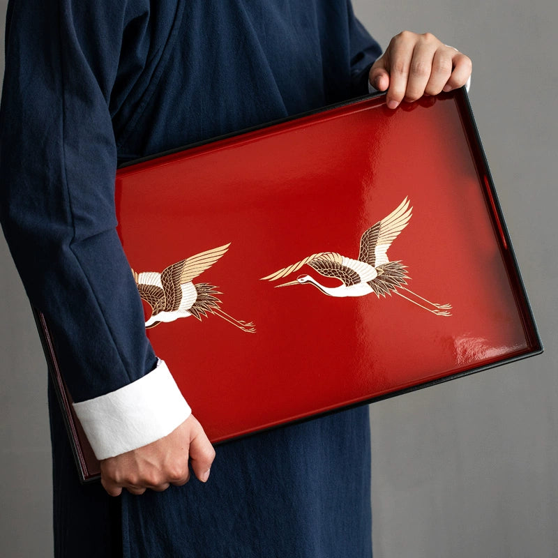 Yamanaka Shikki Handcrafted Gold Foil Crimson Crane Lacquer Tray