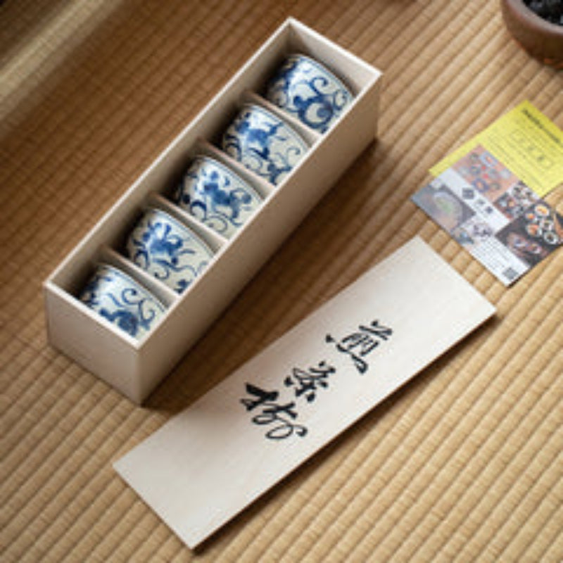 Hasami Ware Handcrafted Aizome Kusa-Hana Tea Cup Set of Five