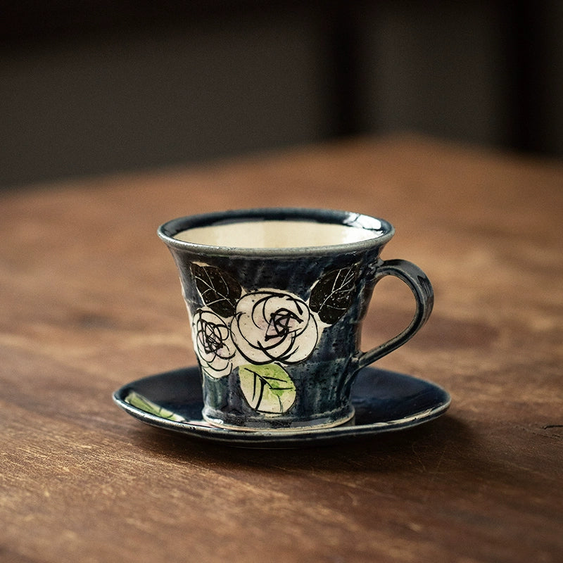 Hatsuichi Mino Ware Handcrafted Oribe Camellia Ceramic Coffee Cup/Saucer Set