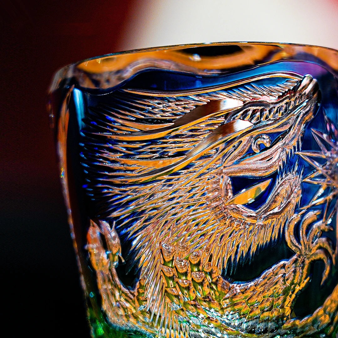Edo Kiriko Handcrafted Premium Crystal Dragon Whisky Glass With Wooden Box