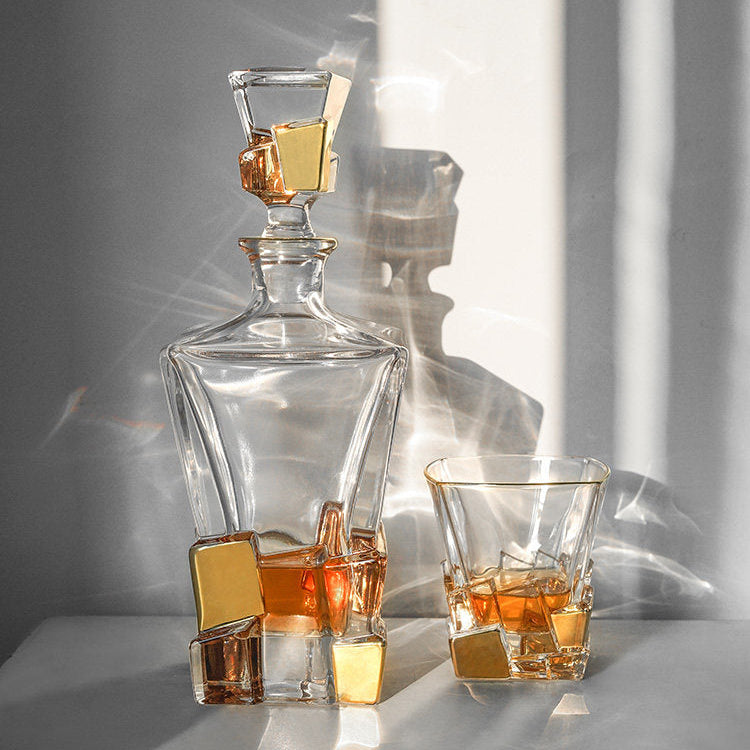 BOHEMIA Hand-Painted Gold Crackle Glass Whisky Glass & Decanter Set