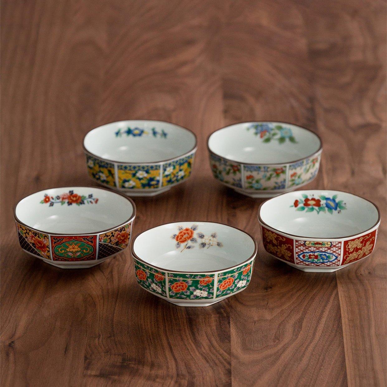 Japanese Mino Ware Court Dyed Brocade Octagonal Bowls Set